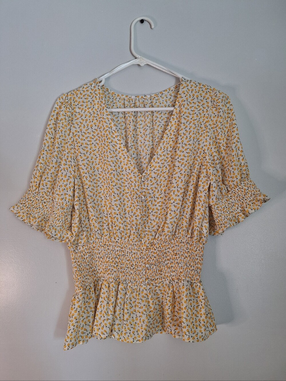 Yellow Floral Smocked Peplum Blouse